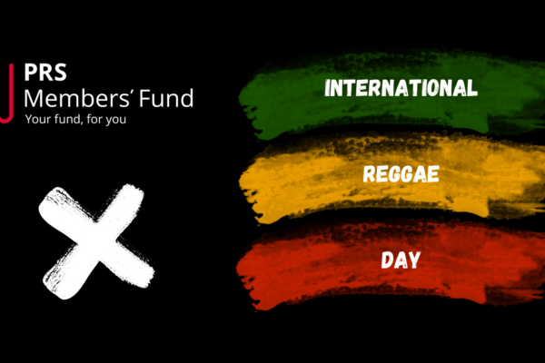PRS Members Fund logo with a graphic X shape and the International Reggae Day logo with green yellow and red coloured background