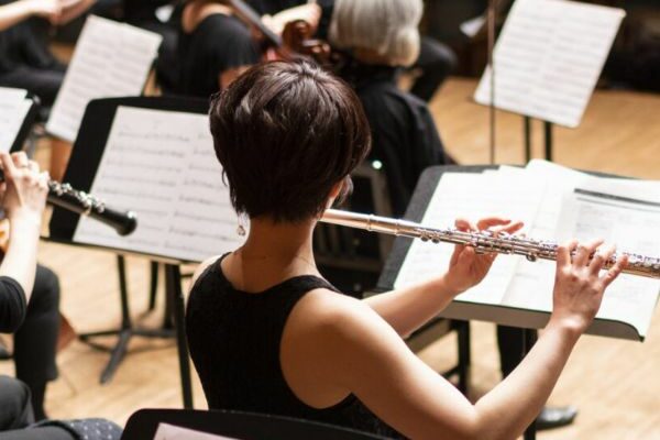 An orchestra from behind playing strings and woodwind instruments with sheet music in front of them