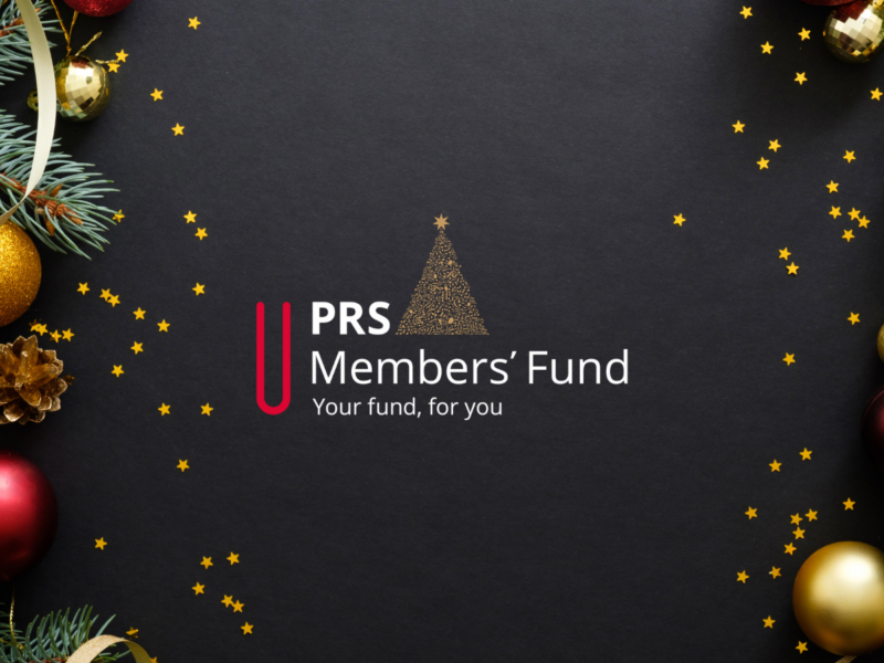 PRS members fund logo on a decorative Christmas theme background