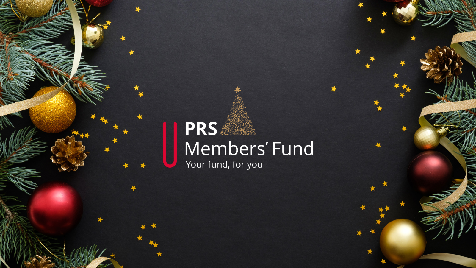 PRS members fund logo on a decorative Christmas theme background