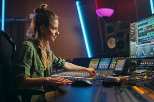 A Young woman at a recording studio mixing desk